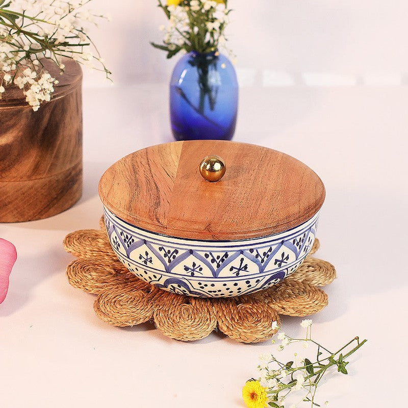 Tidal Ocean Bloom Ceramic Bowl with Mango Wood Lid - 750 mL