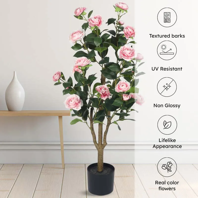 Faux Lush Mini Camellia Plant With Black Plastic Pot - Pink - 3.1 Feet media 7