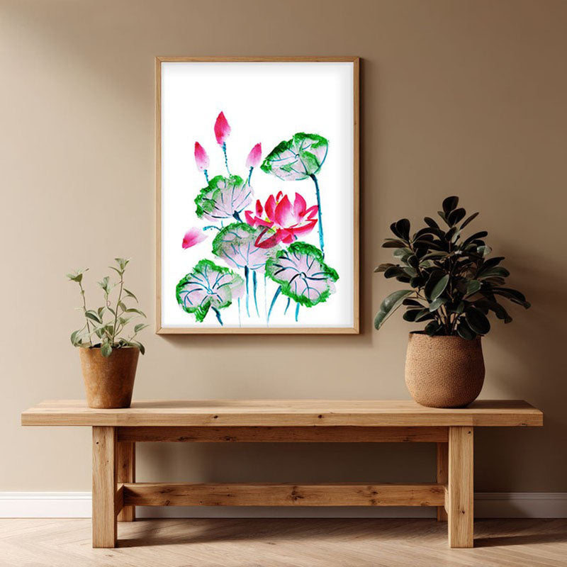 Lotus & Buds Archival Paper Wall Art - Natural Brown Frame