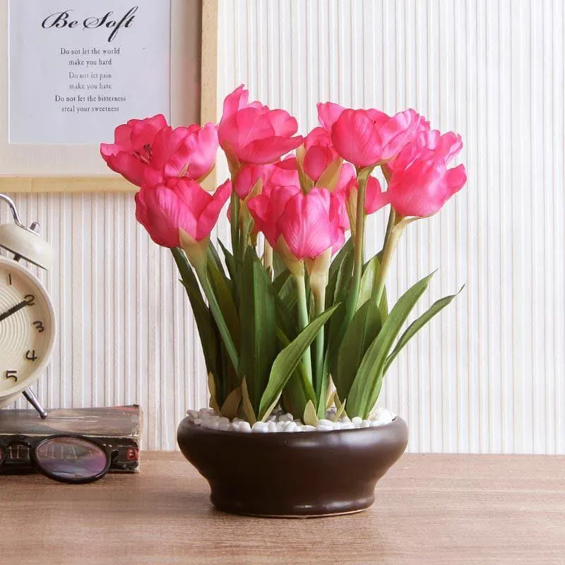 Faux Artificial Tulip Bonsai In Ceramic Pot (26 cms) - Dark Pink media 1