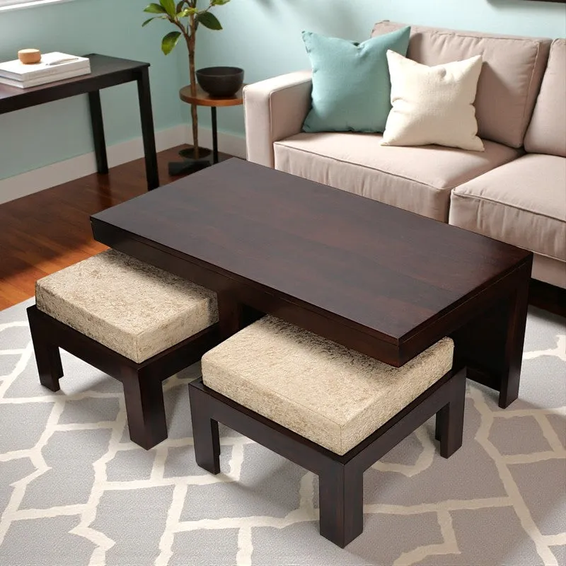 Drexon Sheesham Wooden Center Table with Stools (Deep Brown,Grey) - Five Piece Set media 1