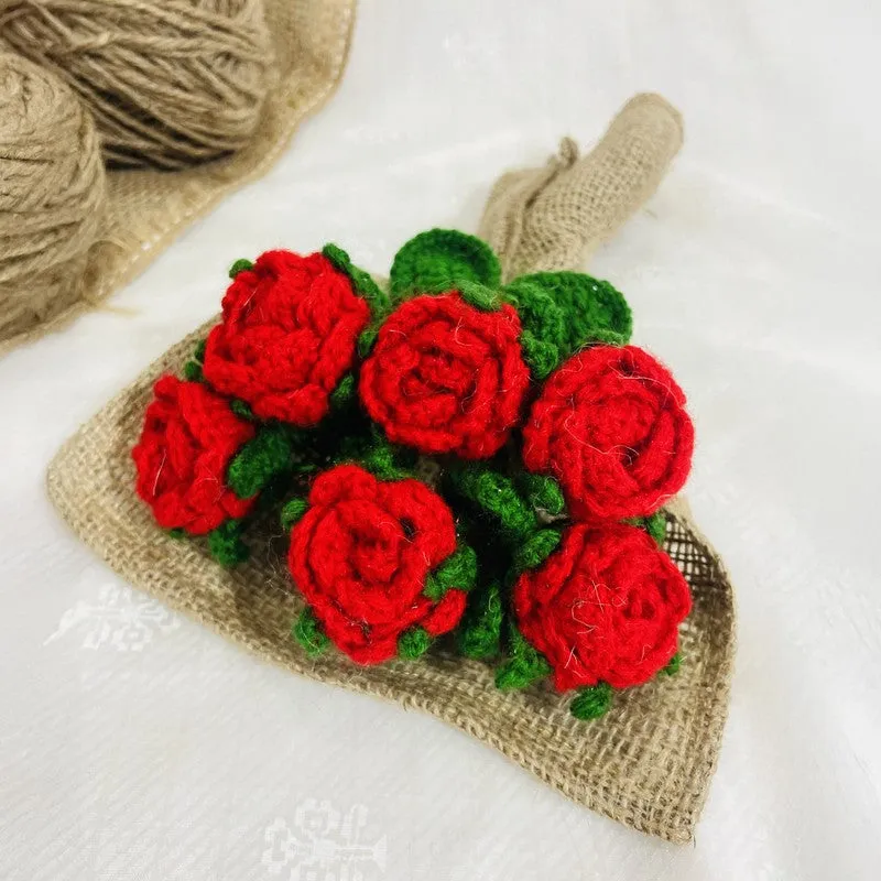 Crochet Handmade Rose Bouquet (Red,Orange) - Set Of Six media 4