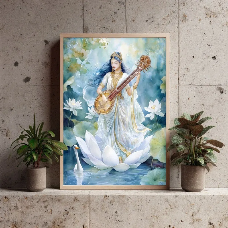 Veena Vaadhini Spiritual Archival Paper Wall Painting - Natural Brown Frame media 3