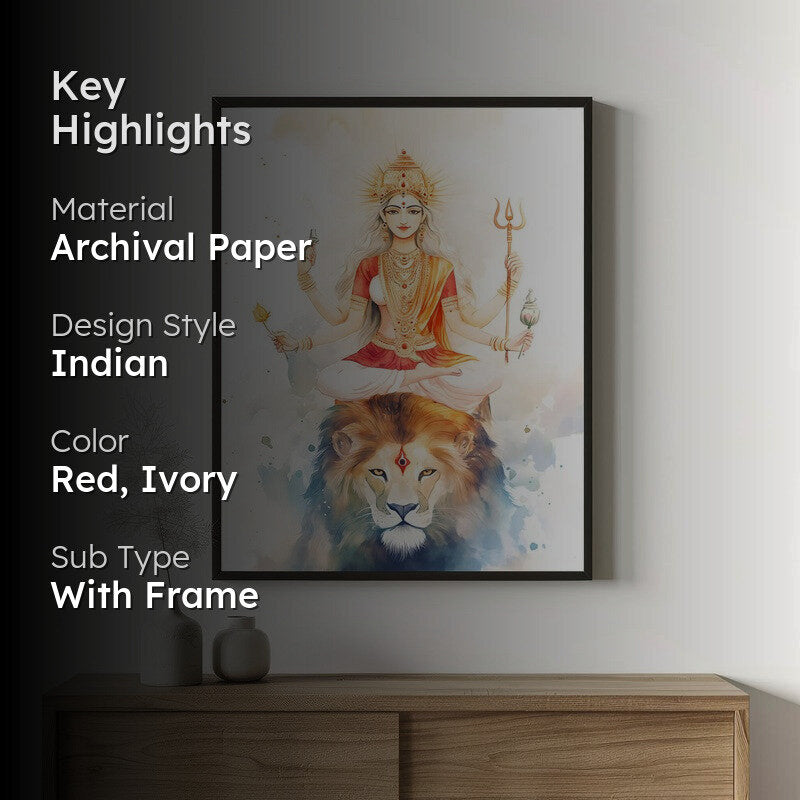 Mahishasura Mardhini Spiritual Archival Paper Wall Painting With Frame - Black media 2