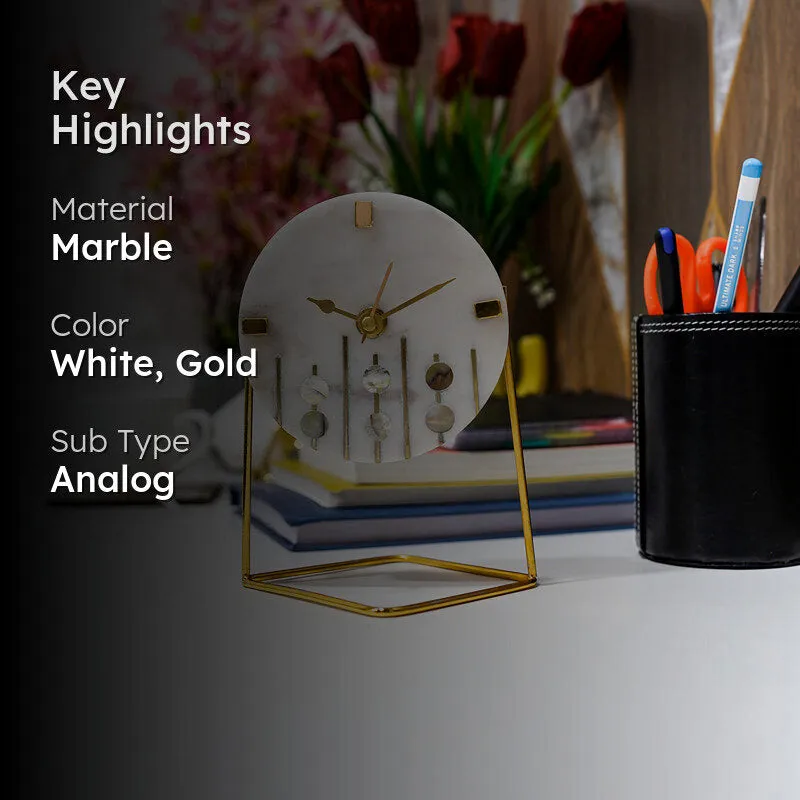 Moderna Marble Table Clock With Brass Inlay - White, Gold media 2