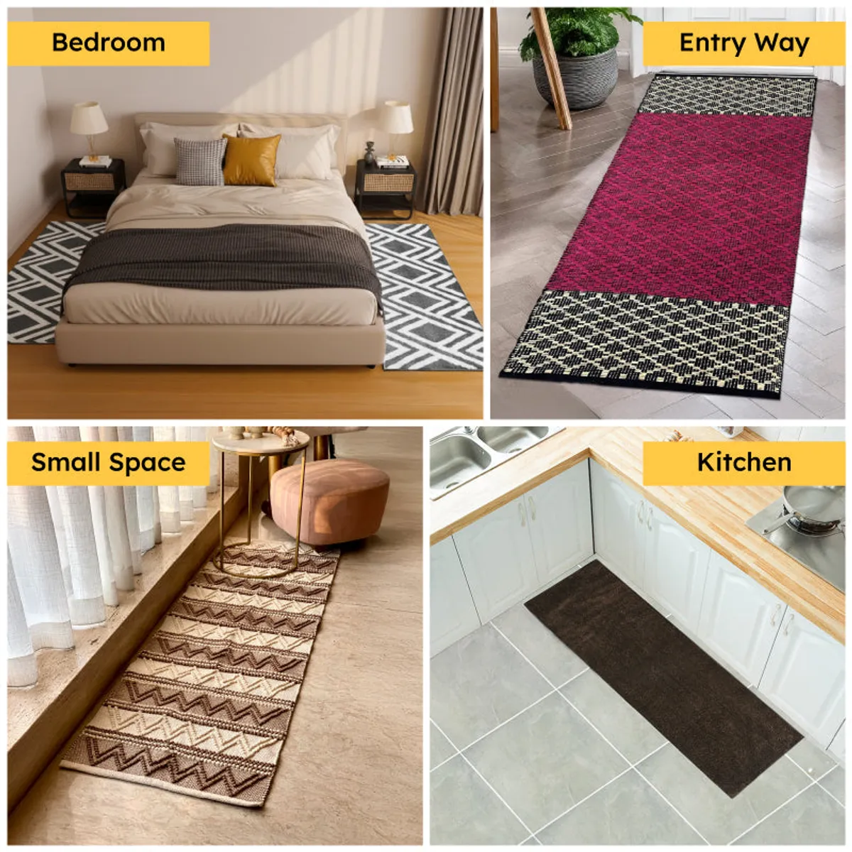 Collage showing runner rugs styled in bedroom, entryway, small space and kitchen