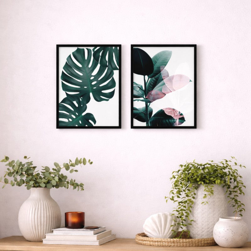 Serene Greens Paper Wall Painting With MDF Frame - Set Of Two
