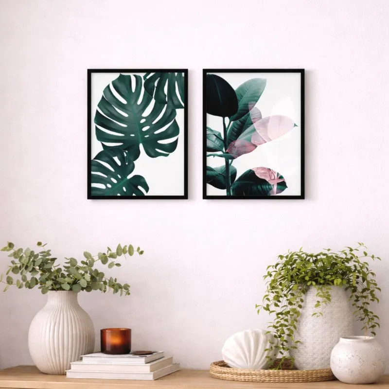 Serene Greens Paper Wall Painting With MDF Frame - Set Of Two media 1