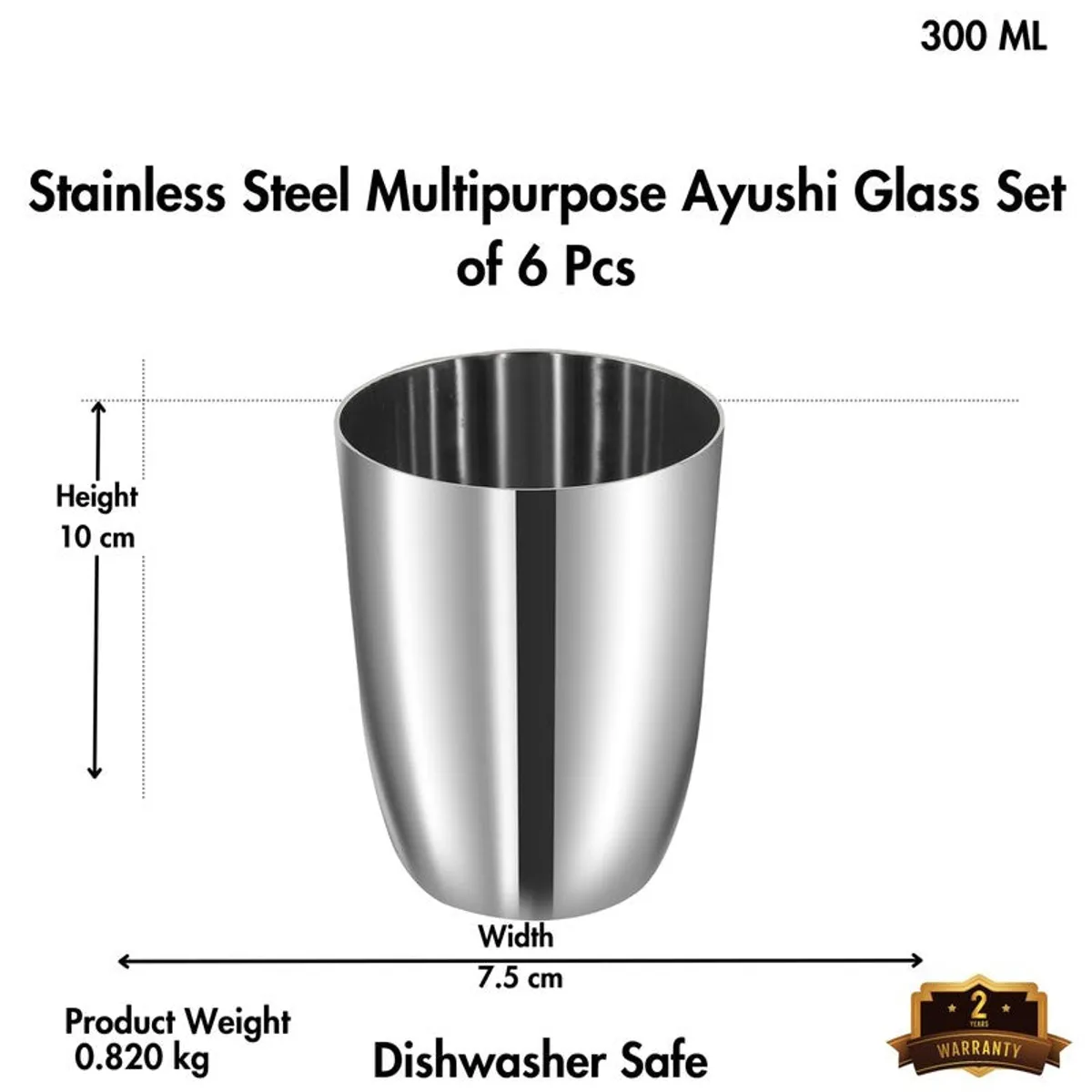 Silver stainless steel glass shown beside BPA-free and fridge-safe product claims