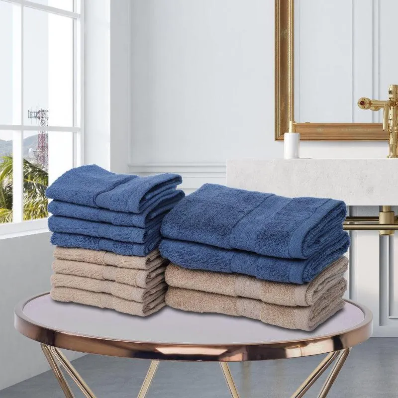 Miorah Hand & Face Towel Combo (Blue & Beige) - Set Of Twelve media 1