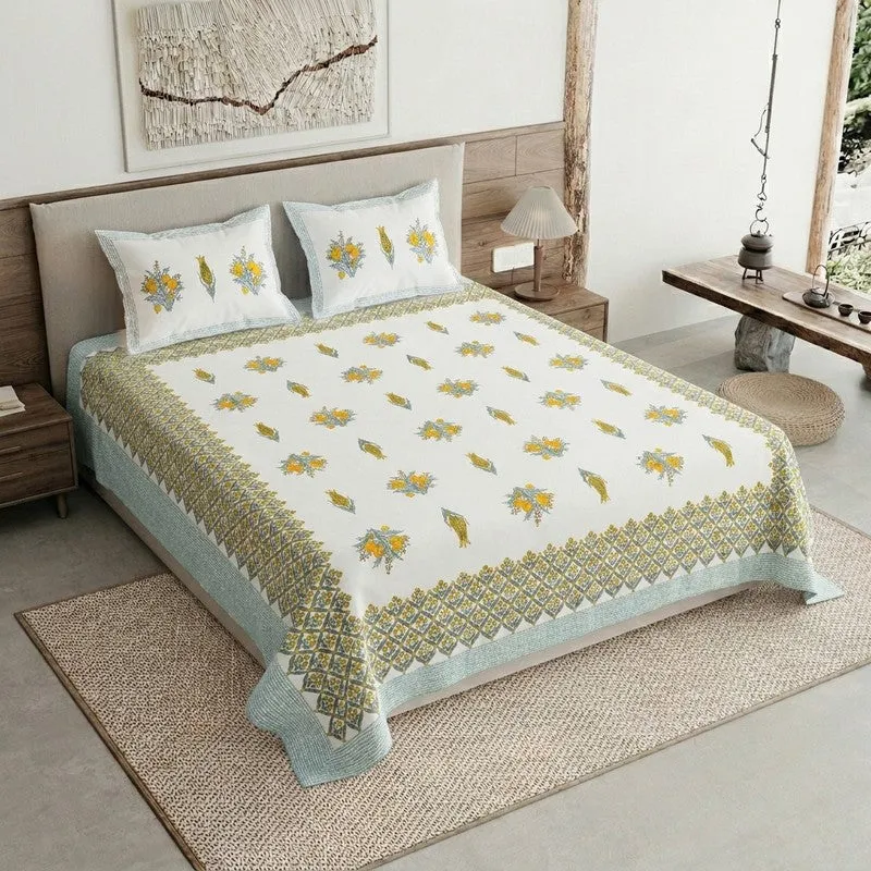 Ethnic Bloom Cotton Bedsheet (Yellow,White) - 120 TC media 1