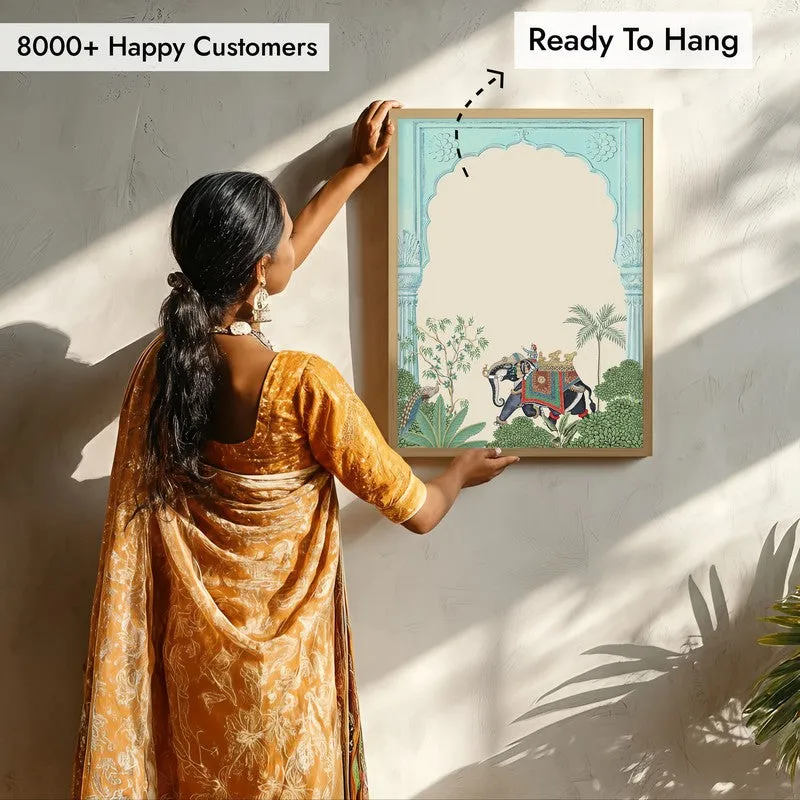 Eka Gaja Framed Jharokha Canvas Archival Canvas Wall Painting - Natural Brown Frame media 7