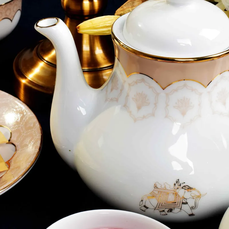 Gilded Legacy 24k Gold Brushed Porcelain Tea Set With Tea Pot (Peach) - Seventeen Piece Set media 12