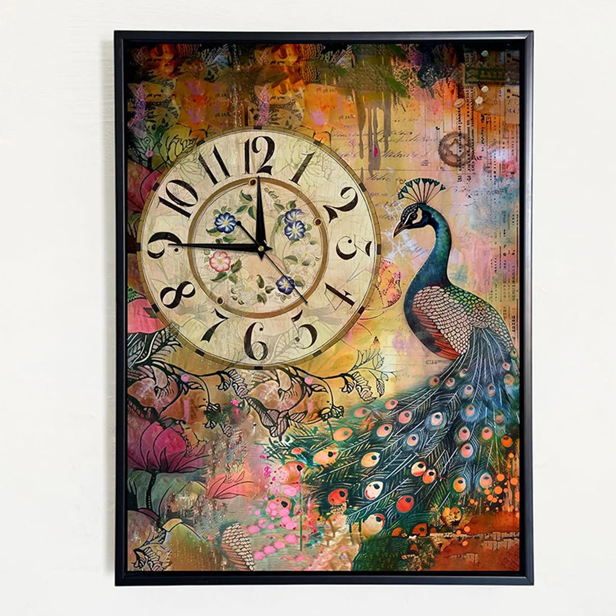 Front view of colourful peacock and floral wall art with an integrated clock