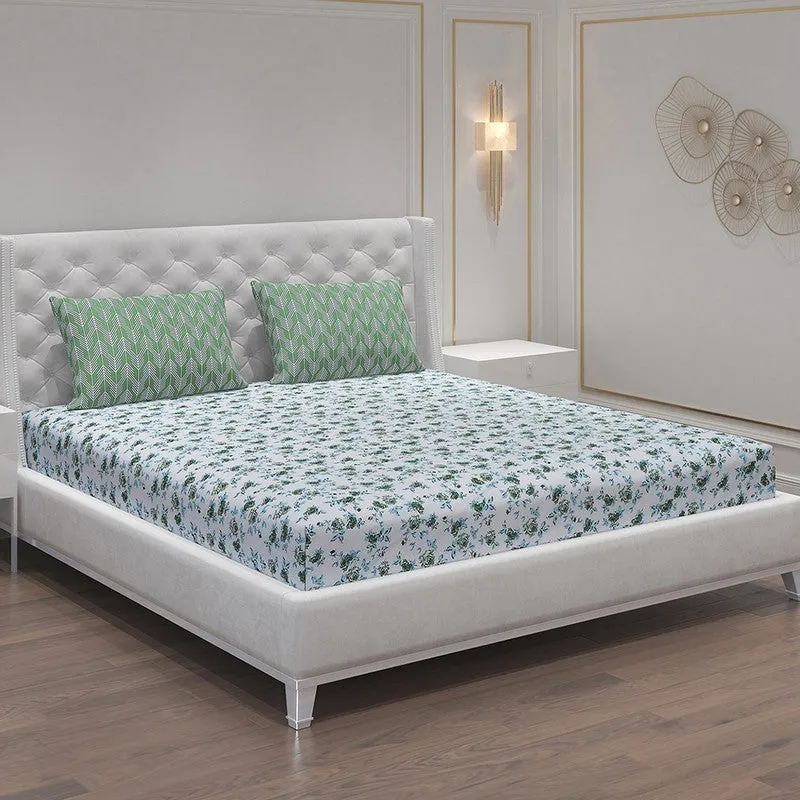 Monte Carlo Fleurish Cotton Bedsheet (White,Green) - 104 TC media 1