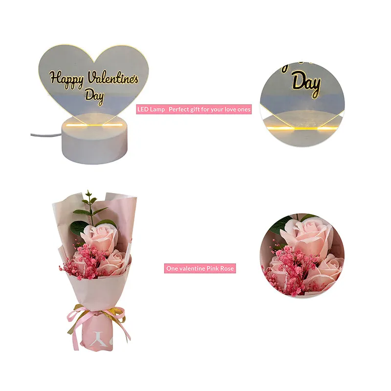 Heart showpiece and pink rose arrangement displayed separately on a white background.