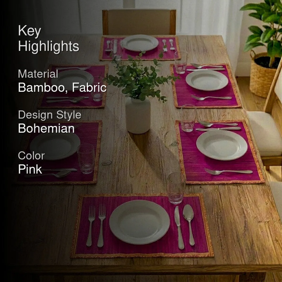 Six pink table mats styled around plates on a dining table