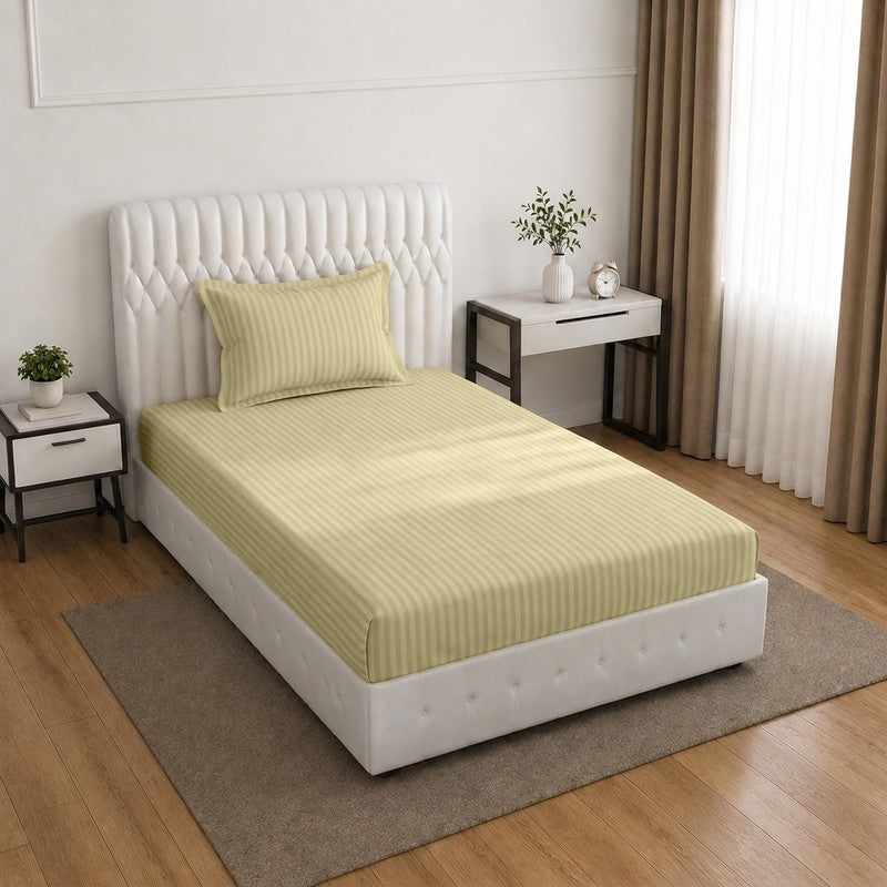 StripeScape Glace Cotton Fitted Bedsheet (Beige) - 130 GSM - Single Fitted