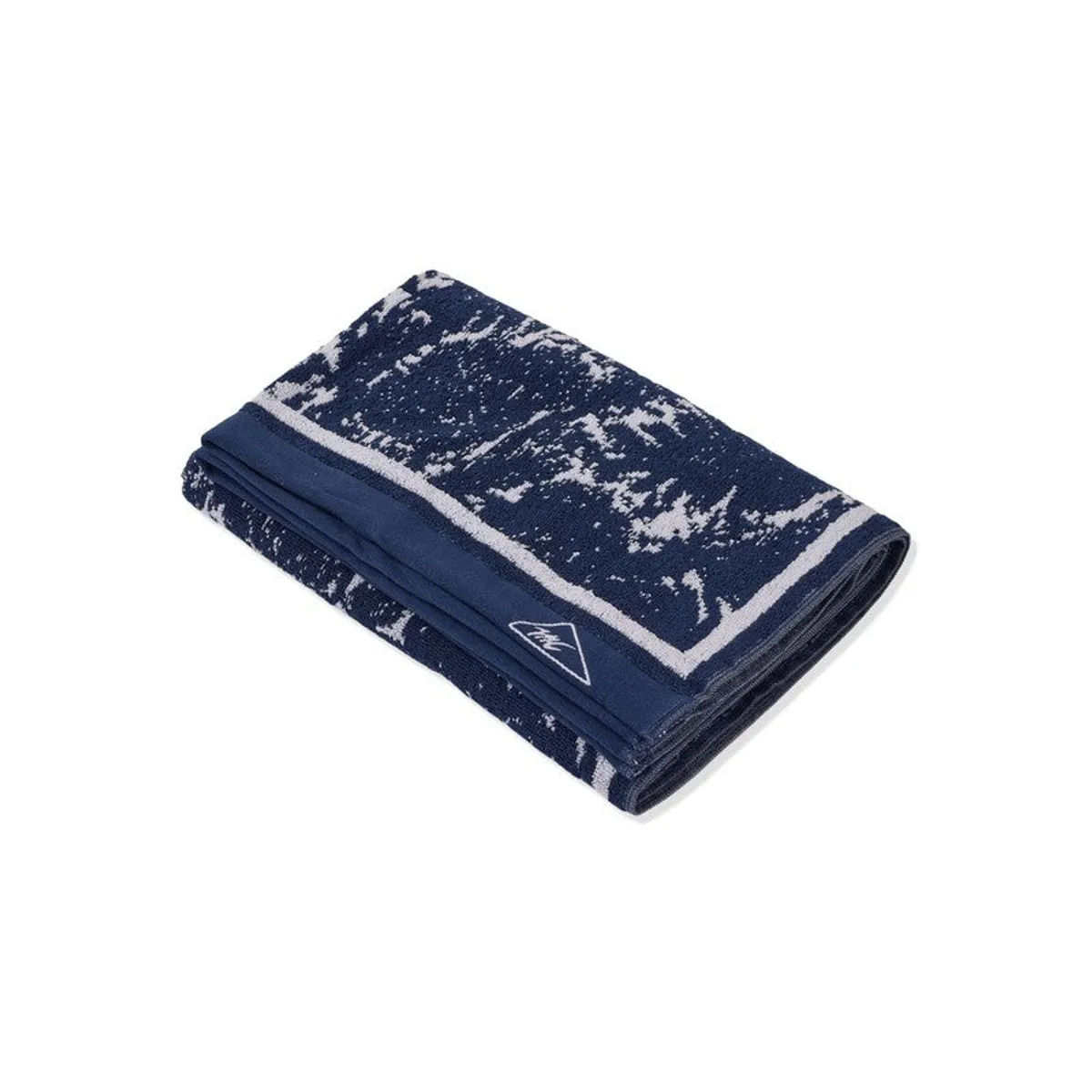Folded blue and white bath towel shown against a plain white background