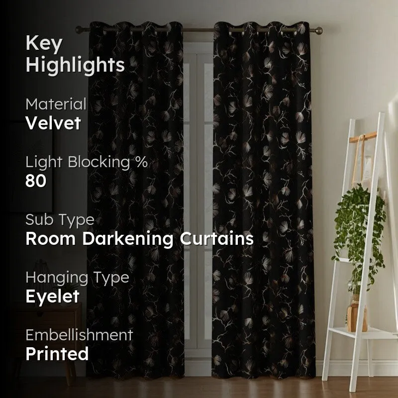 Soft Edge Printed Velvet Curtains (Black,Gold) - Set Of Two media 2