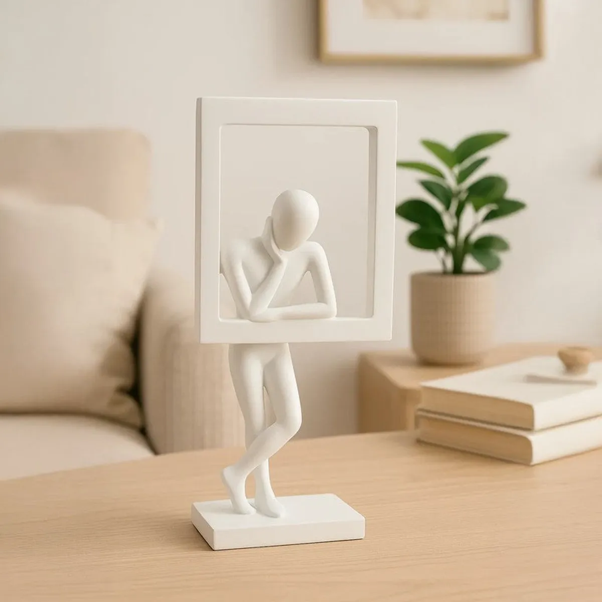 White figurine-in-frame sculpture displayed on a light wood table