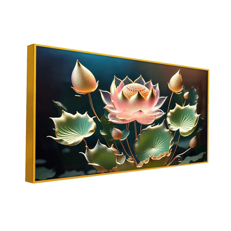 Lotus Of Light Floral Canvas Wall Painting With Frame - Gold media 3