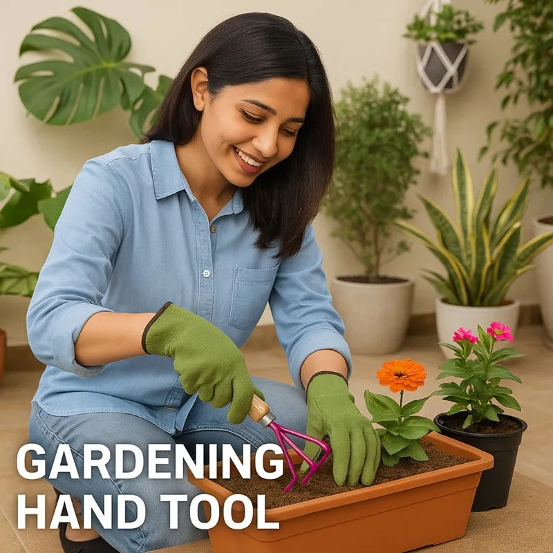 Gardener using the pink cultivator in a rectangular planter filled with soil.