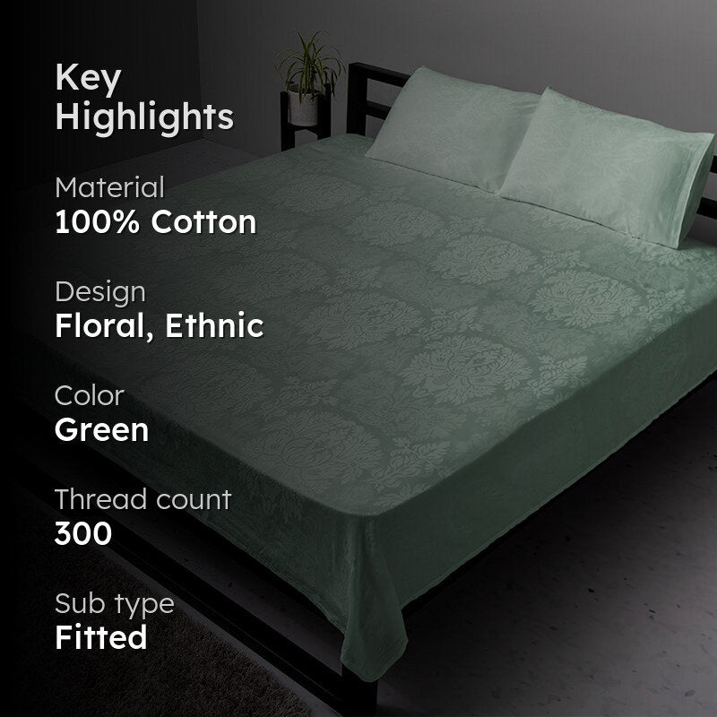Symmetry Charm Fitted Jacquard Cotton Bedsheet (Sage Green) - 300 TC media 2