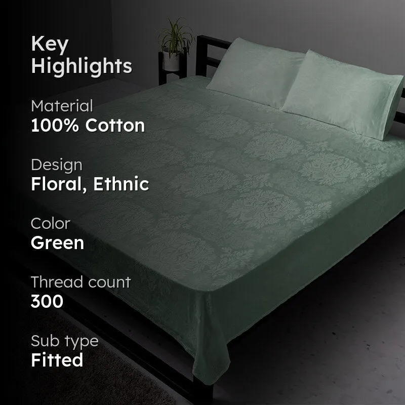 Sage green fitted bedsheet with matching pillow covers on a bed
