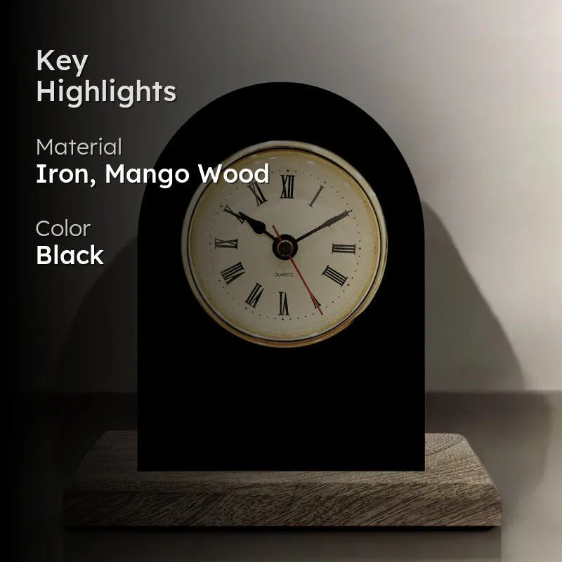 Black iron and mango wood table clock with highlighted material details