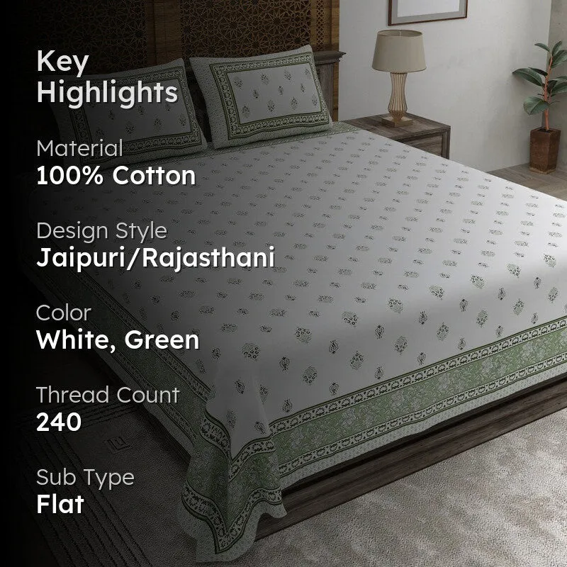Gardenon Cotton Bedsheet (White,Green) - 240 TC media 2