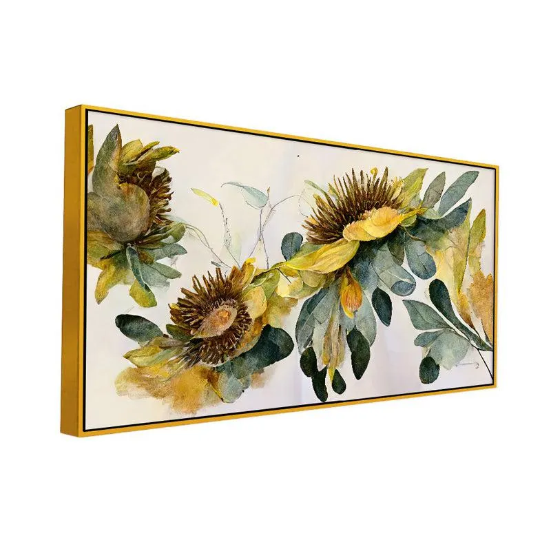 Ochre Autumn SunFlowers Floral Canvas Wall Painting With Frame - Gold media 4