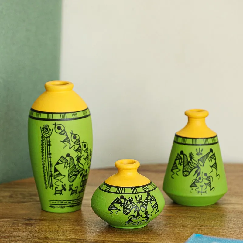 Warli Tales Vases - Set of Three (Green,Yelow) media 1