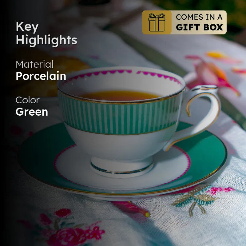 Gilded Mayura 24k Gold Brushed Porcelain Tea Cup & Saucer (300 mL) - Set of Six media 2