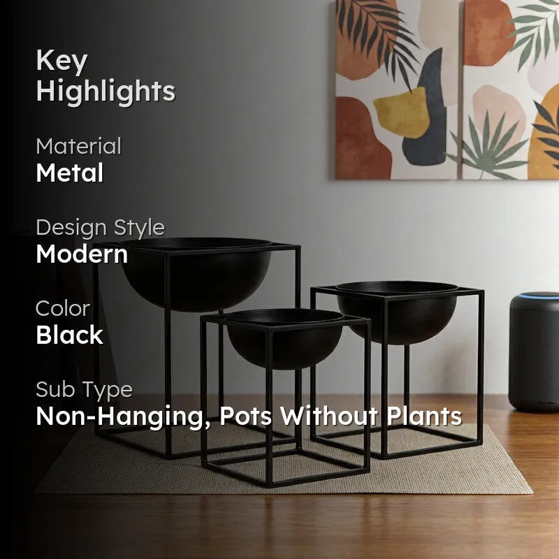 Modern Black Metal Planter Set with Stands - Set of Three - 2