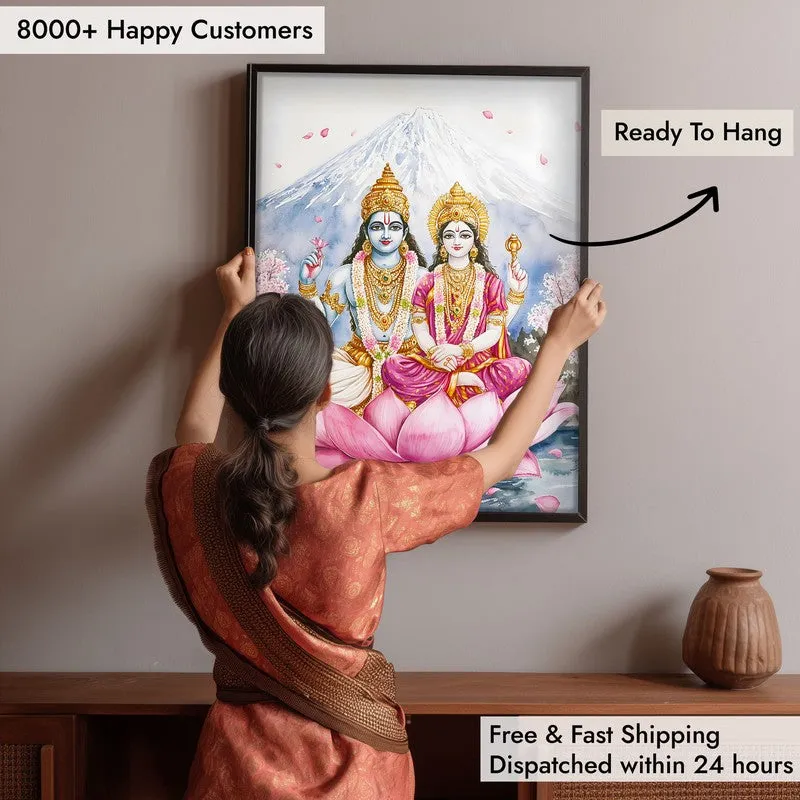 Lakshminarayana Spiritual Archival Paper Wall Painting With Frame - Black media 6