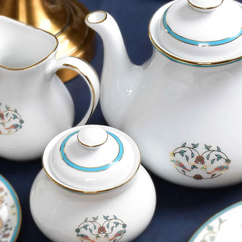 Gilded Mavi 24k Gold Brushed Porcelain Tea Set With Tea Pot - Seventeen Piece Set media 12