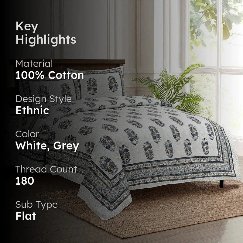 Thantra Ethnic Cotton Bedsheet (White,Grey) - 180 TC media 2