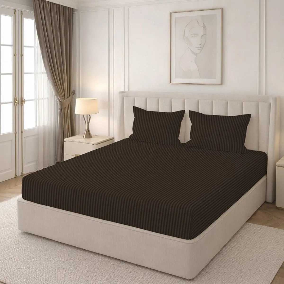 Brown striped bedsheet styled on a bed beside a window