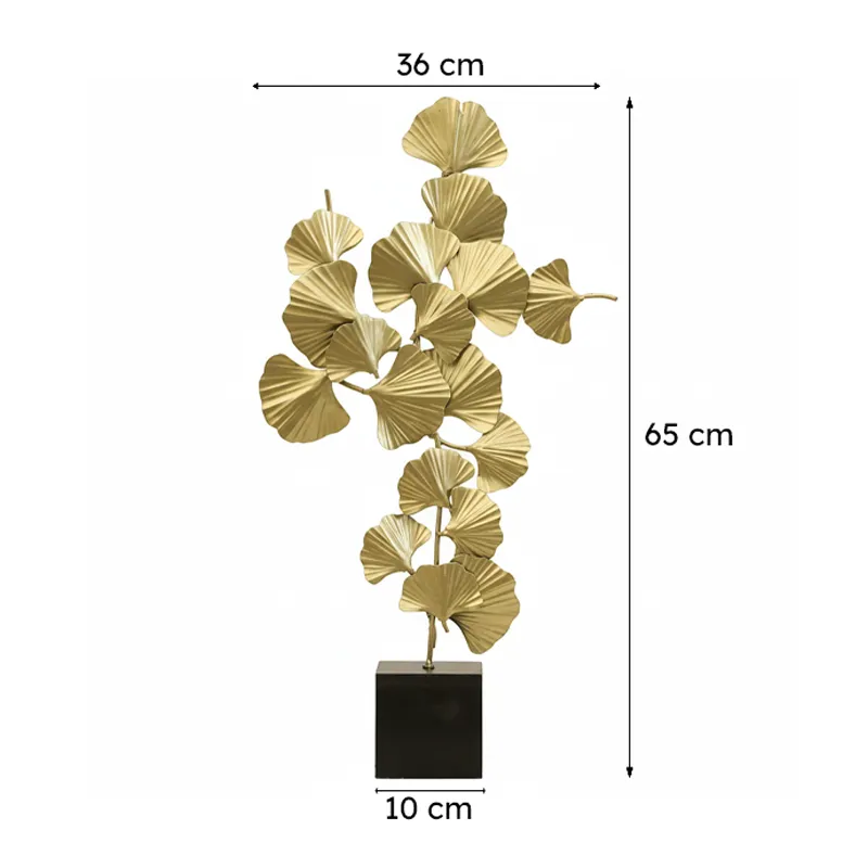 Gold leaf-inspired showpiece with dimension arrows on a white background