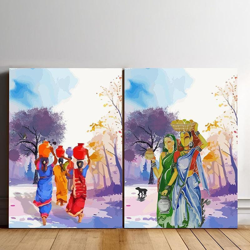 Rural Drapes Wall Painting - Set Of Two