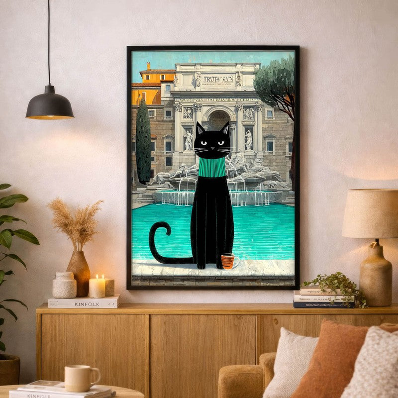Heritage Coffee Cat Wall Painting With Frame