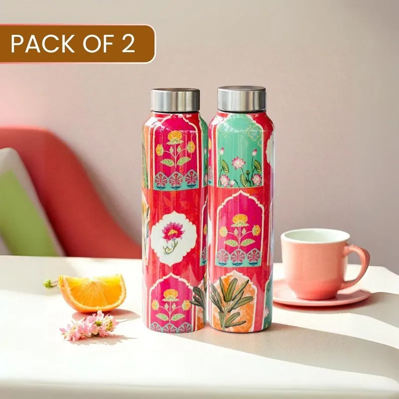Floral Red Printed Stainless Steel Water Bottle (1000 mL Each) - Set Of Two media 3