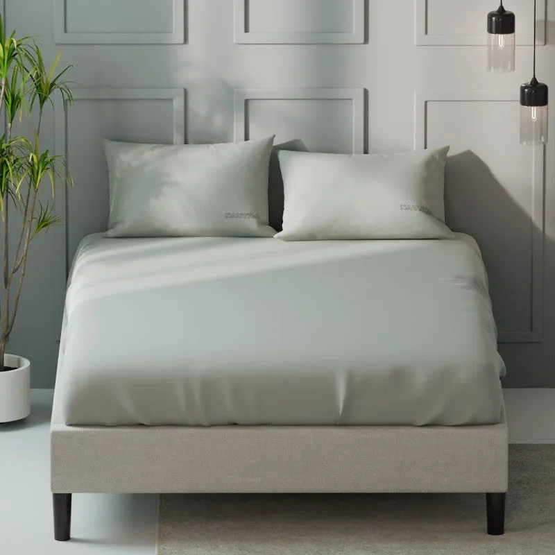 Front view of a silver grey flat bedsheet and two matching pillows