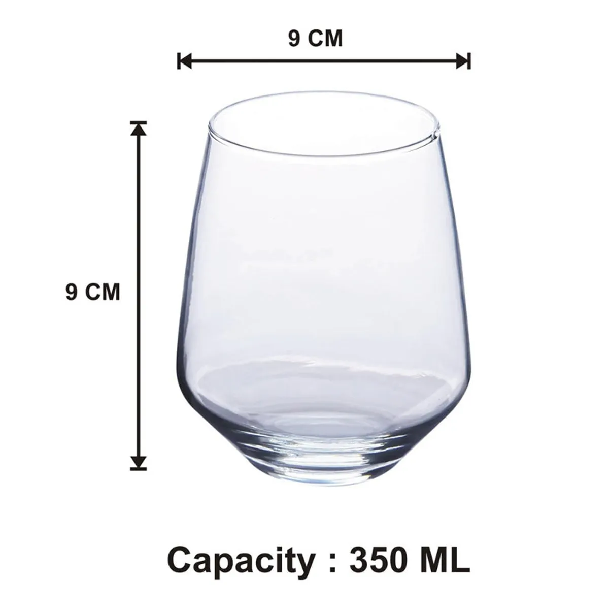 Clear whiskey glass shown with printed size diagram