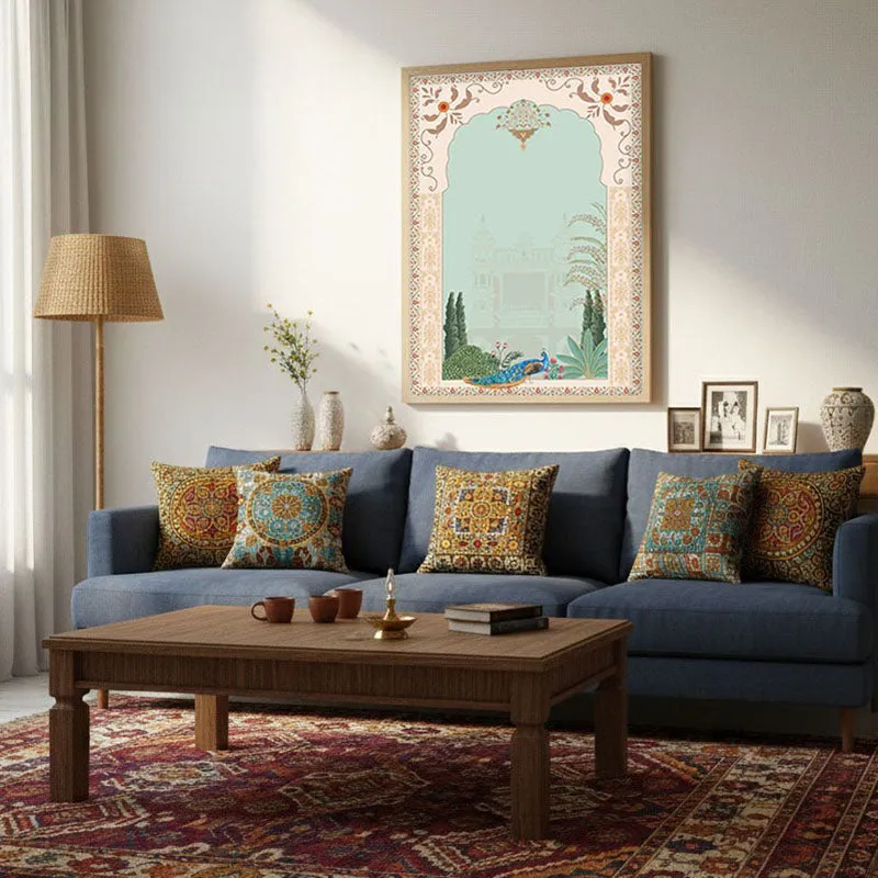 Imperial Peacock Framed Mughal Canvas Archival Canvas Wall Painting - Natural Brown Frame media 3