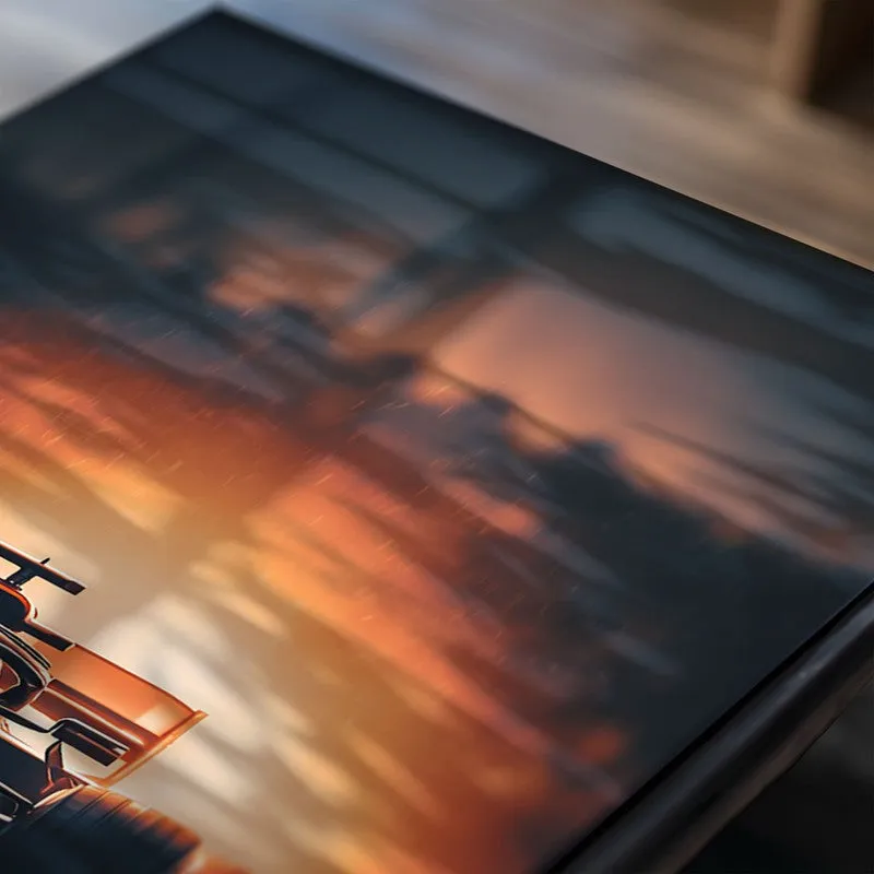 Close-up of glossy racing car poster surface