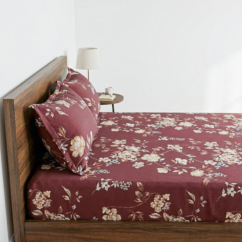 Layla Floral Neon Print Cotton Bedsheet (Maroon) - 144 TC media 3