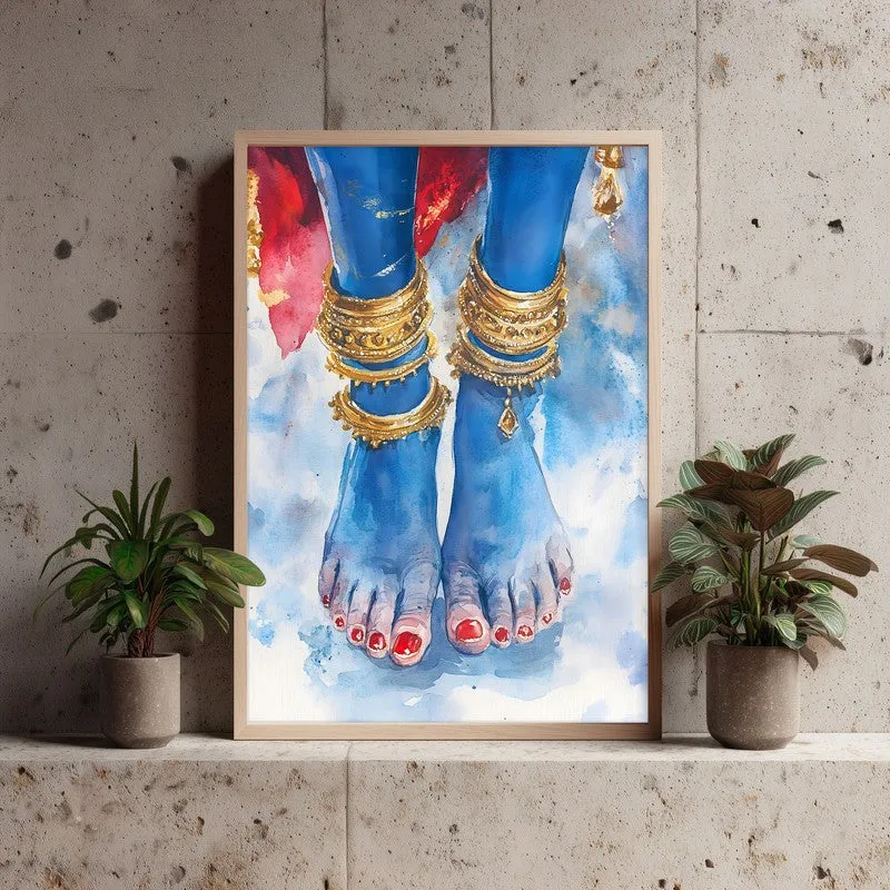 Blue Lotus Feet Spiritual Archival Paper Wall Painting - Natural Brown Frame media 3