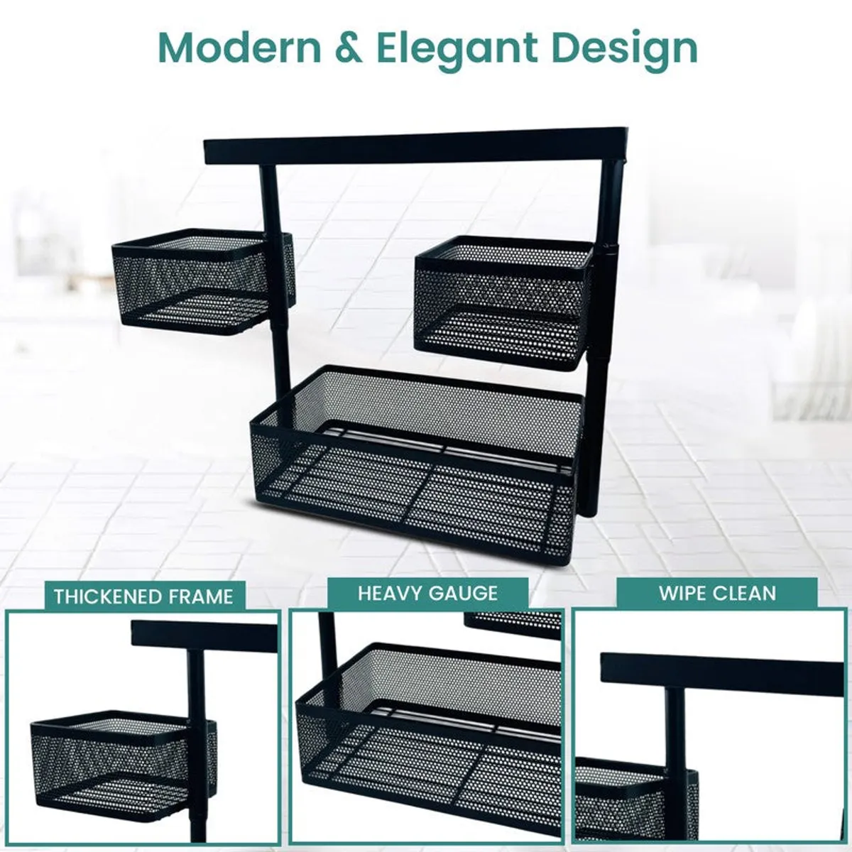 Black metal three-tier style organiser rack with mesh baskets